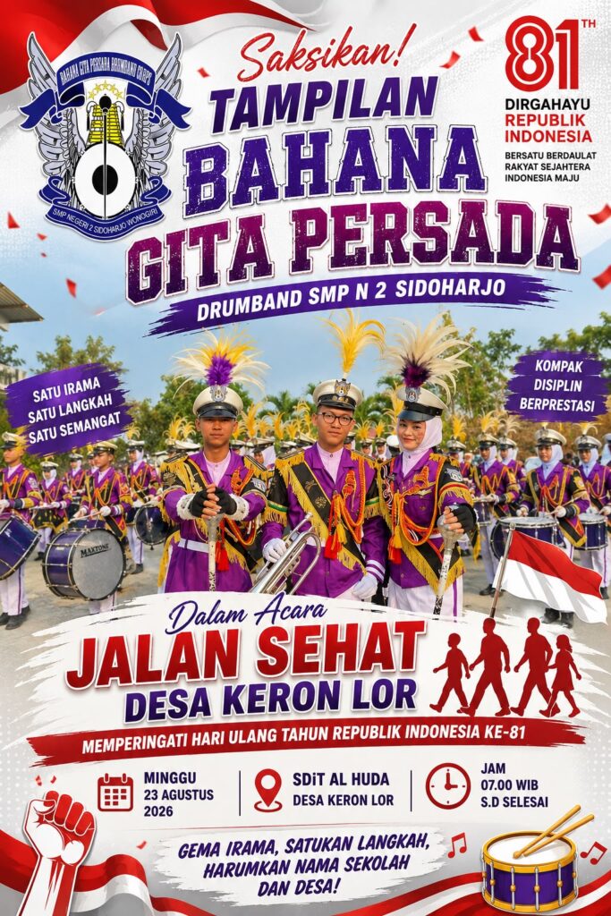 Drumband “Bahana Gita Persada” SMP Negeri 2 Sidoharjo Meriahkan Pembukaan Jalan Sehat HUT ke-81 Kemerdekaan RI